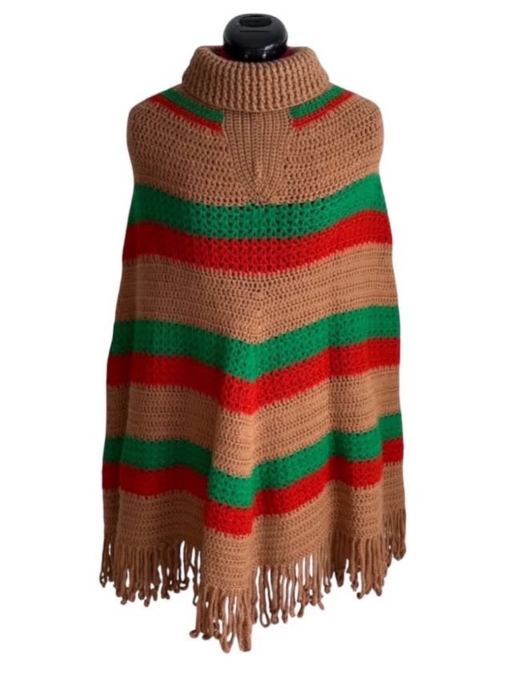 Vintage 70s crochet poncho handmade fringe trim turtleneck sweater cardigan 90s